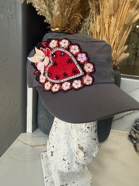 SellersMerch Gray Cap with Red Heart and Pink Floral Embellishments